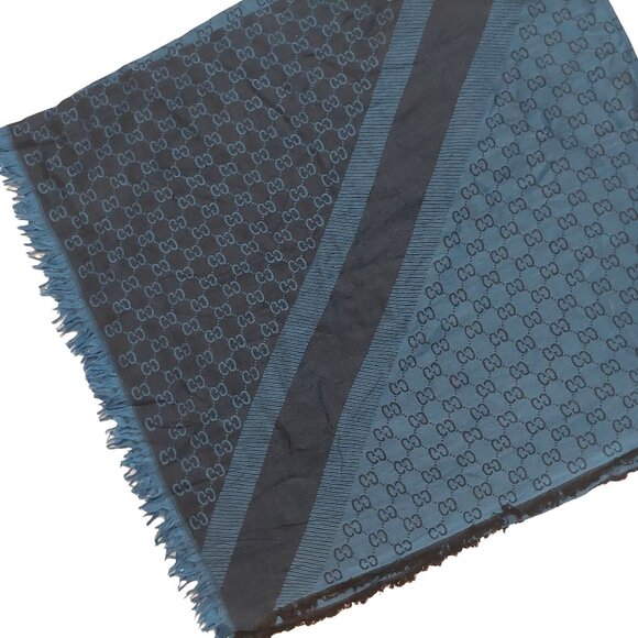 Gucci Vintage Blue Dual-Tone Reversible Monogram Stripe Shawl Wrap - Picture 7 of 8